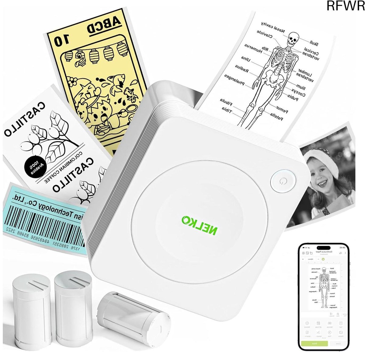RFWR® Draadloze Mini Stickerprinter - PM230 Bluetooth Printer met 3 Rollen Papier en Meerdere Sjablonen voor Telefoon & Tablet
