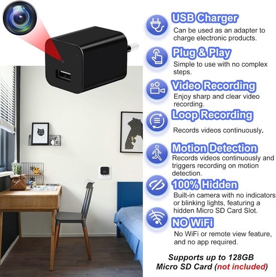 RFWR® Verborgen Mini Spionagecamera met USB-oplader en Bewegingsdetectie - HD 1080p Video-opname van Merkloos — afbeelding 5