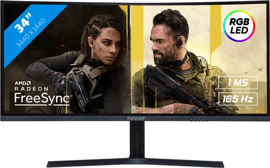 RAIDER 34 inch Ultra Wide Gaming Monitor - 165HZ - 34 inch - WQHD (3440x1440) - CURVED - 1 ms - FreeSync/G-Sync - Zwart