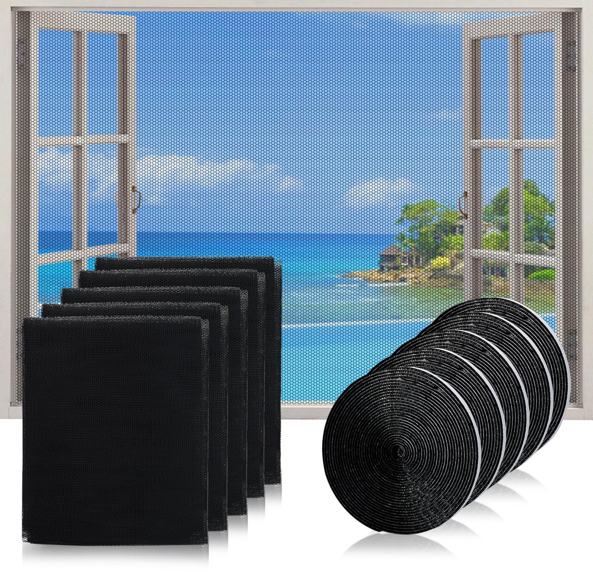 Ibenzoa® Insectenwerend Raamnet 5-delige Set, 130x150 cm, Op Maat Te Knippen Zonder Boren Met Zelfklevende Tape
