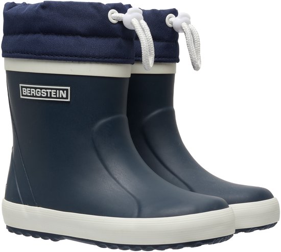 Donkerblauwe Bergstein regenlaarzen met witte zolen, off-white randen en donkerblauwe, gewatteerde schacht met trekkoord.