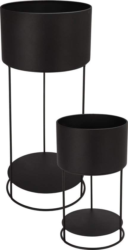In & Out Deco Plantenstandaard - Bloemenstandaard met bloembak - Set van 2 - Zwart metaal - Hoog 35 en 57 cm