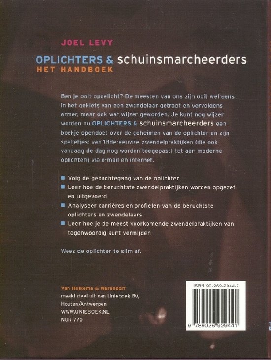 Achterkant van het boek 'Oplichters & Schuimmarcheerders' door Joel Levy.