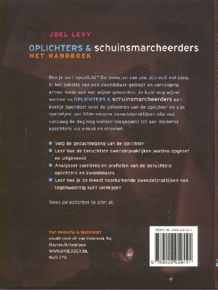 Achterkant van het boek 'Oplichters & Schuimmarcheerders' door Joel Levy.