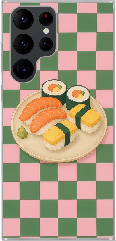 Coque de téléphone compatible avec Samsung Galaxy S22 Ultra - Sushi - Assiette - Carreaux - Vert - Coque en Siliconen