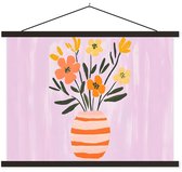 Posterhanger incl. Poster 60x45 cm - Schoolplaat - Vaas - Gestreept - Bloemen - Oranje - Textielposter - Zwarte latten