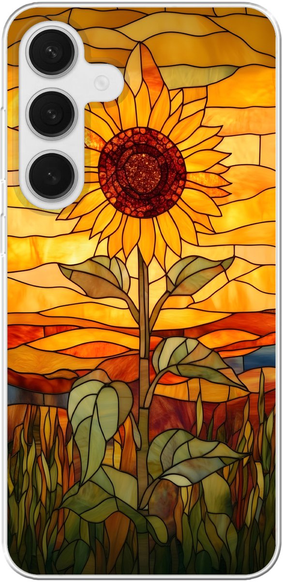 Telefoonhoesje Geschikt voor Samsung Galaxy S25 Plus hoesje - Zonnebloem - Mozaïek - Zonsondergang - Geel - Siliconen Telefoonhoesje Telefoonhoesje