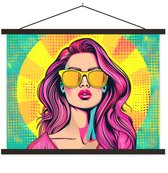 Posterhanger incl. Poster 40x30 cm - Schoolplaat - Zonnebril - Vrouw - Zonnig - Geel - Textielposter - Zwarte latten