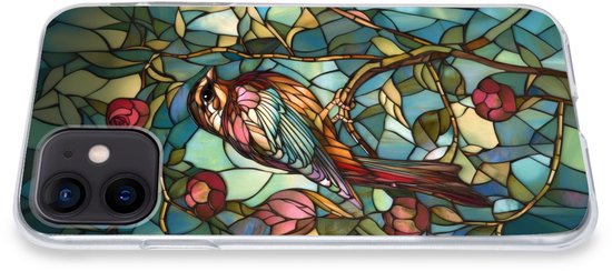 Telefoonhoesje Geschikt voor iPhone 12 mini hoesje - Vogel - Tak - Rozen - Mozaïek - Siliconen Telefoonhoesje Telefoonhoesje