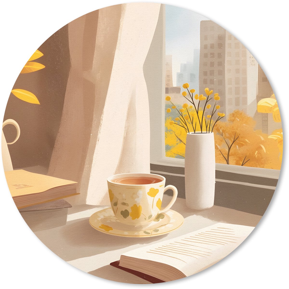 Muismat rond 20x20 cm - Mousepad Thee - Boek - Thee - Herfst - Ronde muismatten