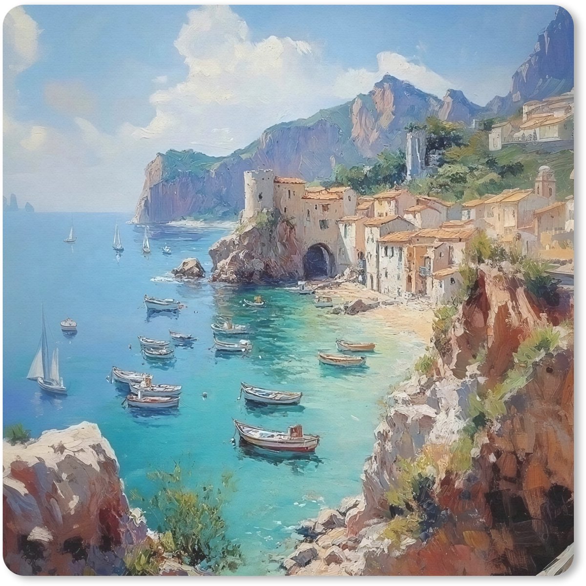 Muismat 20x20 cm - Mousepad Kustdorp - Schilderij - Rotsen - Boten - Muismatten
