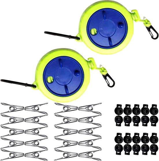 Waslijn, uittrekbaar, intrekbare waslijn, 10 m, 2 stuks, draagbaar, met 20 vaste gespen en 20 wasknijpers voor camping, outdoor, tuin of reizen