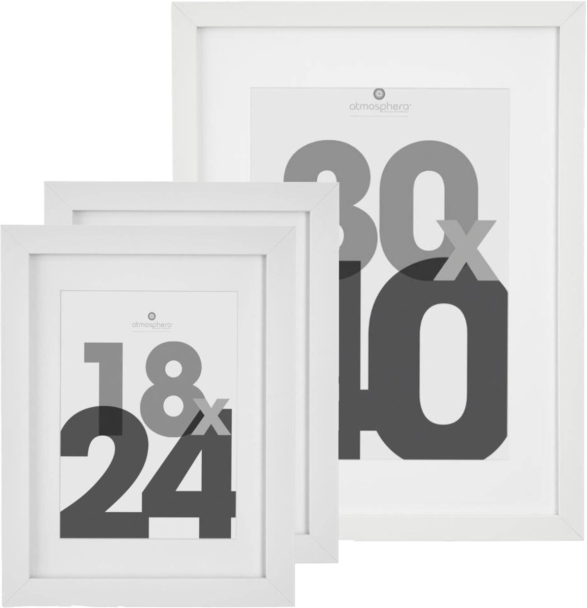 Atmosphera Fotolijstjes set van 3x stuks - 1x voor 30 x 40 cm - 2x voor 18 x 24 cm - wit - modern/strak ontwerp