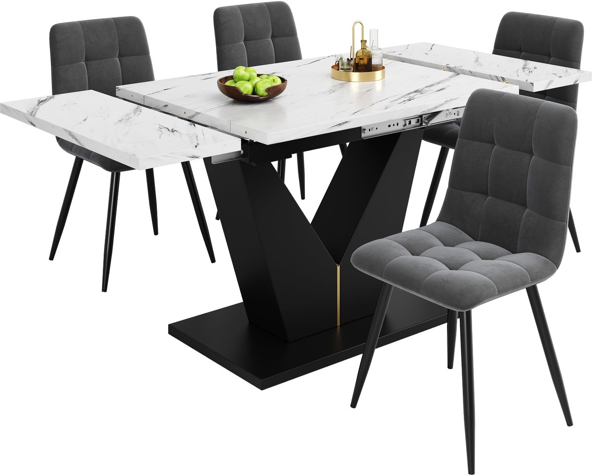 Merax Eettafelset 5 Delig Eettafel Met 4 Fluwelen Stoelen Marmerlook Tafelblad Zwarte U Poten Grijs