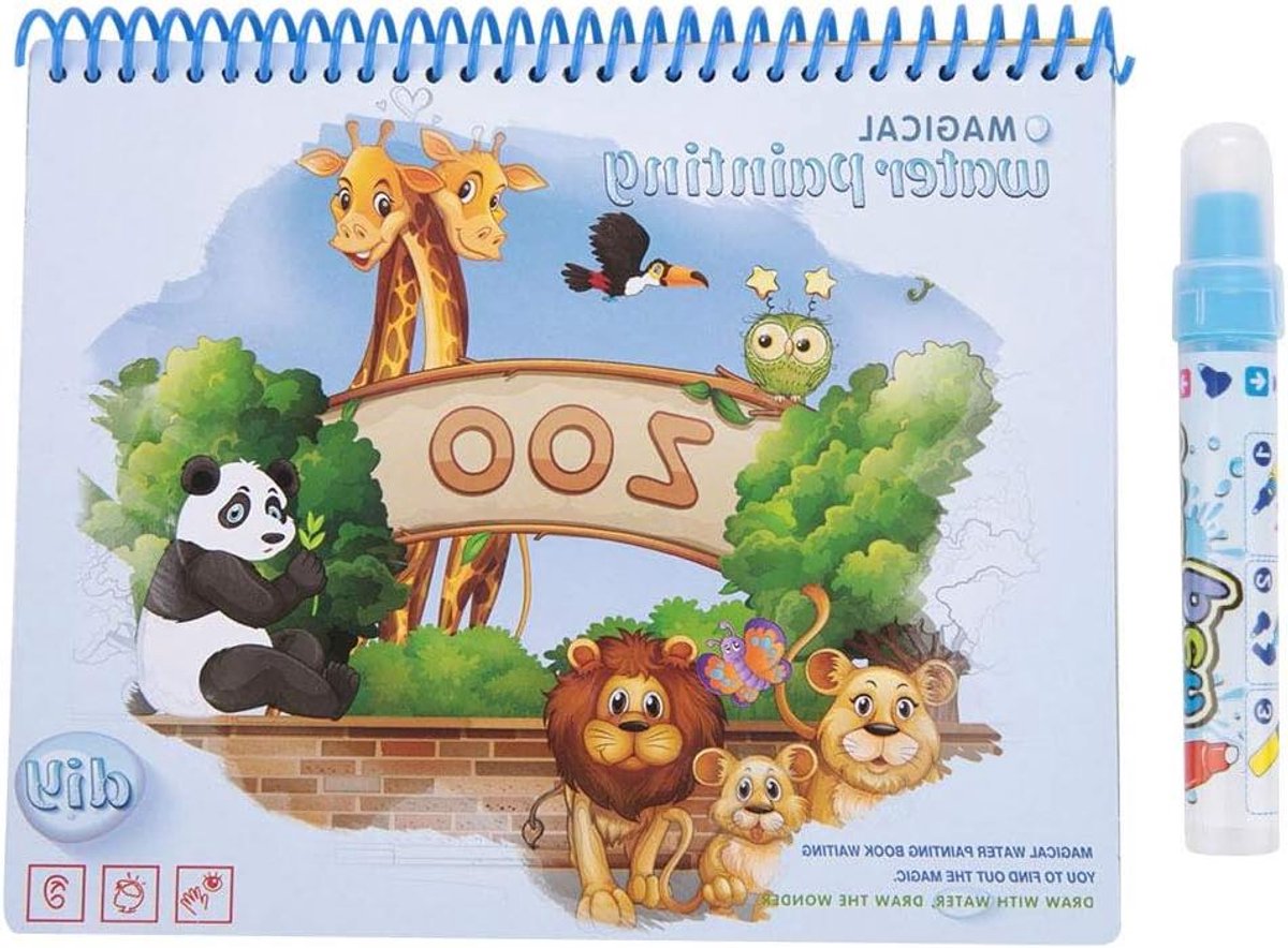 Titel: Water Boek om in te Kleuren en Te Teken met Water - Herbruikbare Water-Reveal Activiteitenboek met Stiften voor Kinderen [Zoo Thema]