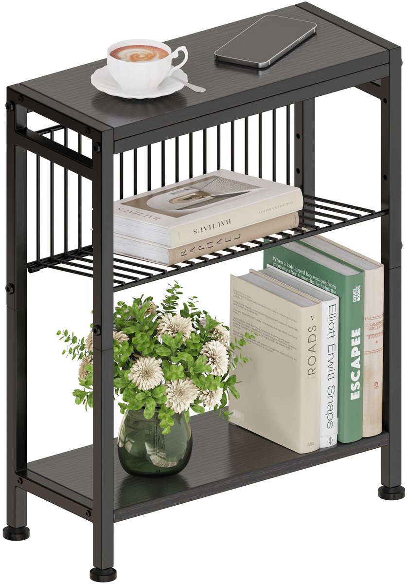Ibenzoa Moderne en Slanke Bijzettafel met Drie Niveaus en Tijdschriftenhouder voor Diverse Ruimtes Zwart