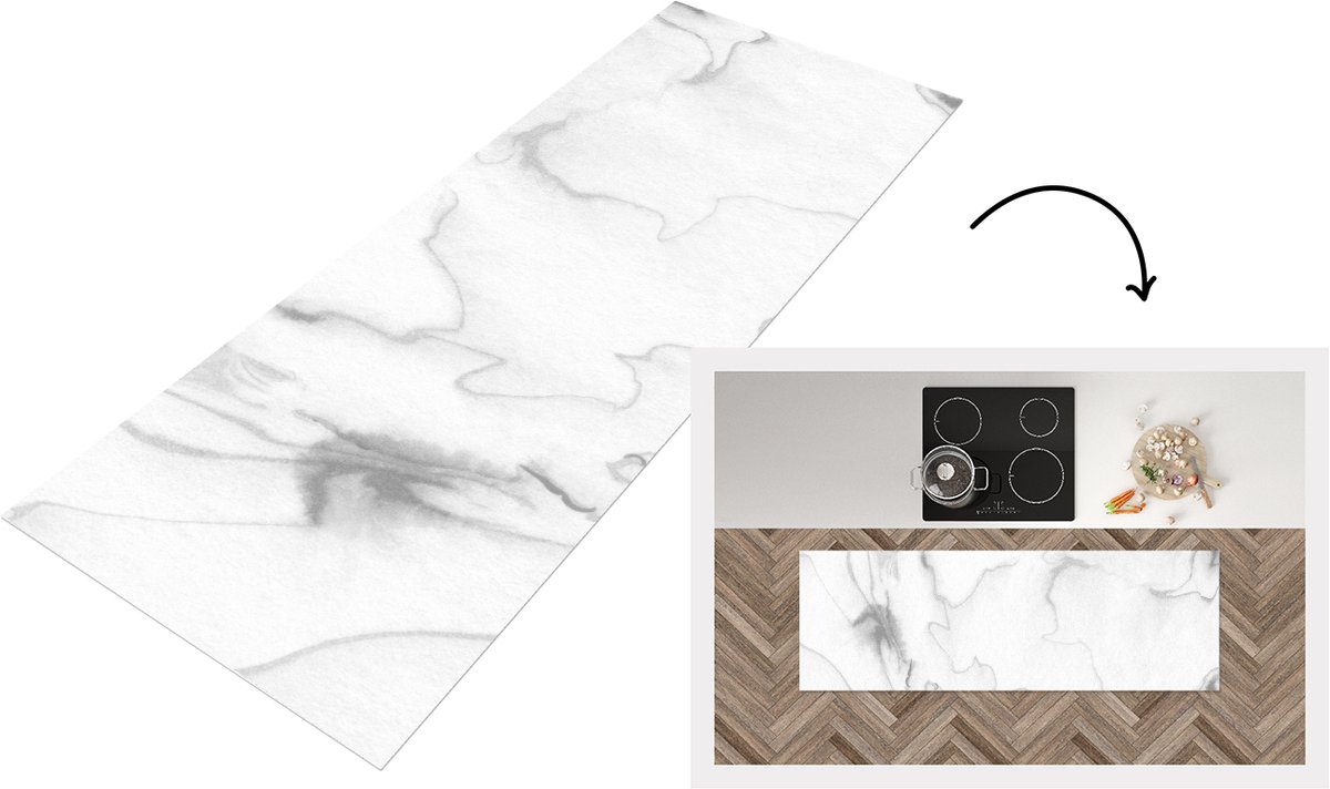 KitchenYeah Keukenloper 150x50 cm - Keukenmat vinyl Marmer - Grijs - Wit - Abstract - Marmerlook - Keukenmatten loper - Keuken vloerkleed tapijt