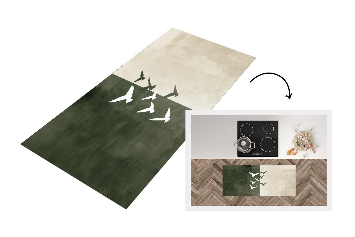 KitchenYeah Keukenloper 120x50 cm - Keukenmat vinyl Japandi - Vogel - Groen - Keukenmatten loper - Keuken vloerkleed tapijt Vogels