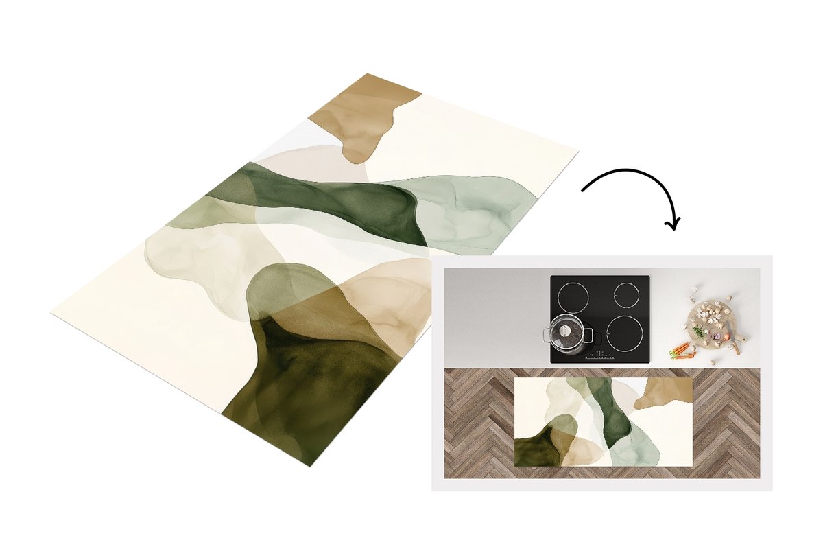 KitchenYeah Keukenloper 120x60 cm - Keukenmat vinyl Japandi - Abstract - Groen - Keukenmatten loper - Keuken vloerkleed tapijt