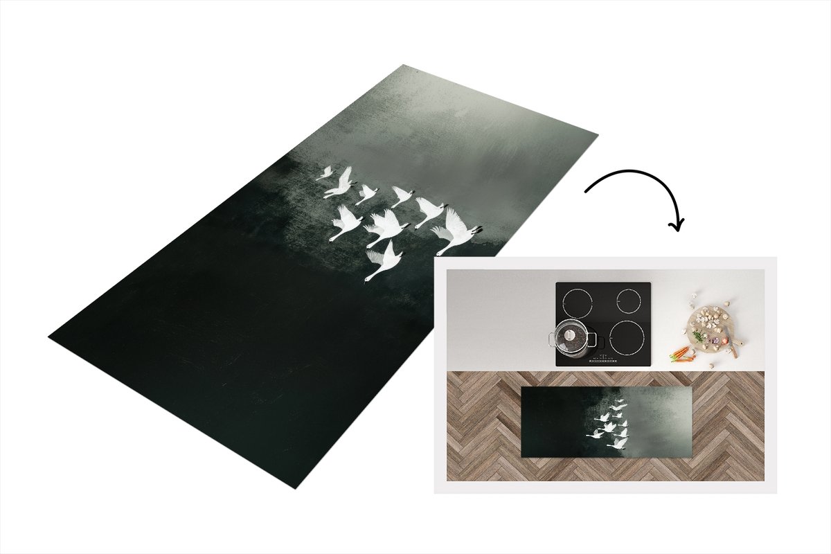 KitchenYeah Keukenloper 120x50 cm - Keukenmat vinyl Vogel - Japandi - Groen - Keukenmatten loper - Keuken vloerkleed tapijt Vogels