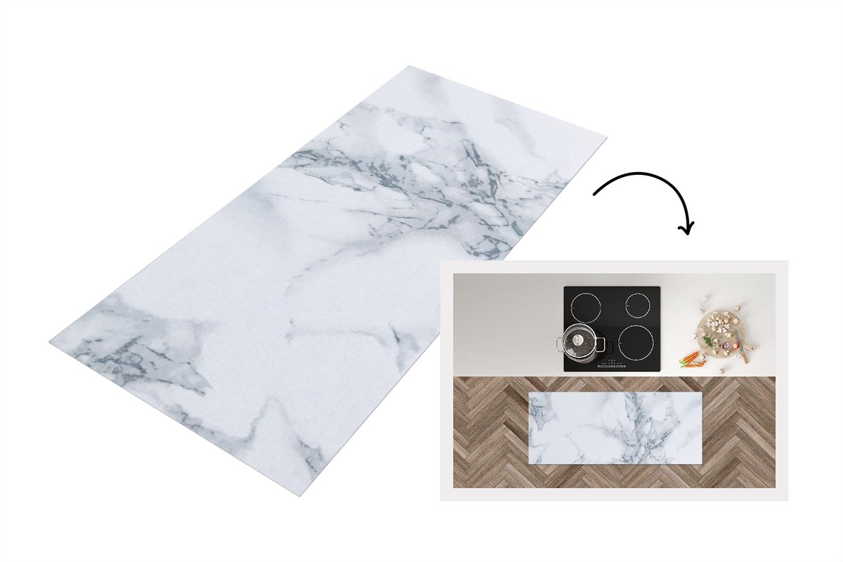 KitchenYeah Keukenloper 120x50 cm - Keukenmat vinyl Marmer - Patroon - Gijs - Wit - Marmerlook - Luxe - Keukenmatten loper - Keuken vloerkleed tapijt