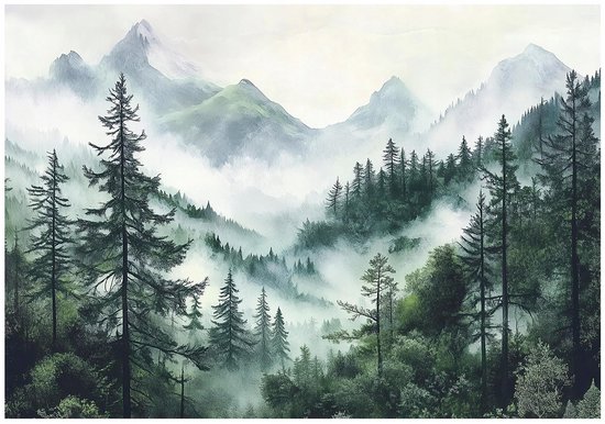 WALLARENA - Fotobehang - 350x250 cm - Fototapete van een bos in de mist met bomen en bergen, geschikt voor slaapkamer en salon, vliesbehang