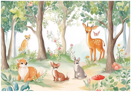 Papier peint pour enfants avec des animaux de la forêt: chat orange, cerf, deux renards et un lapin dans un paysage forestier verdoyant.