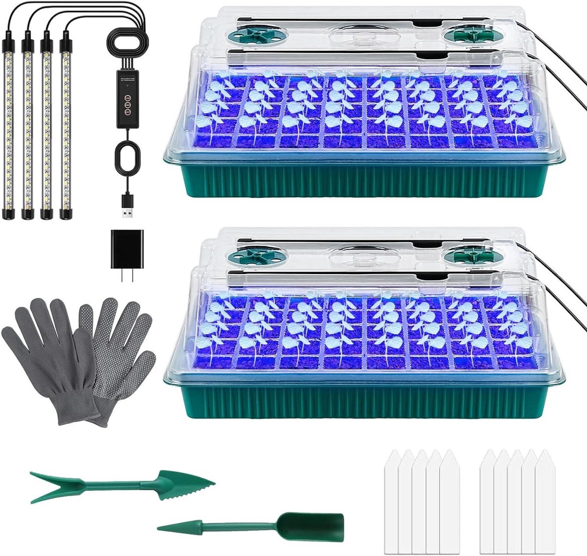 Kweekkas en kweekbak - 2 stuks 80 cellen zaailing starters trays met groeilicht, plantenlamp, handschoenen, etiketten en tuingereedschap