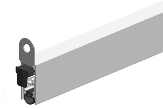 Grijze aluminium automatische dorpelstrip met zwarte rubberen afdichting en montageoog.