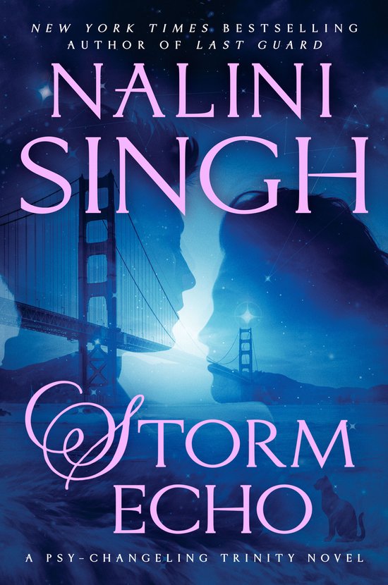 Boekomslag: Silhouetten van twee profielen tegenover elkaar, met de Golden Gate Bridge op de achtergrond. Titel: Storm Echo.