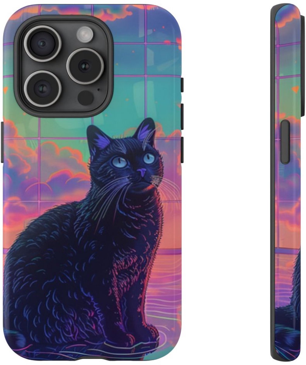 Zwarte Kat met Neonlucht Reflectie – Telefoonhoesje Geschikt voor iPhone 15 Pro