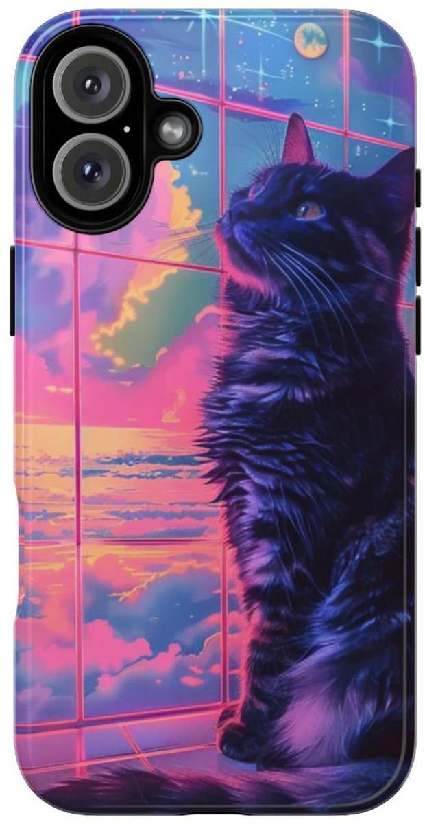 Lofi Vaporwave Kat met Neonlucht – Telefoonhoesje Geschikt voor iPhone 16 Plus