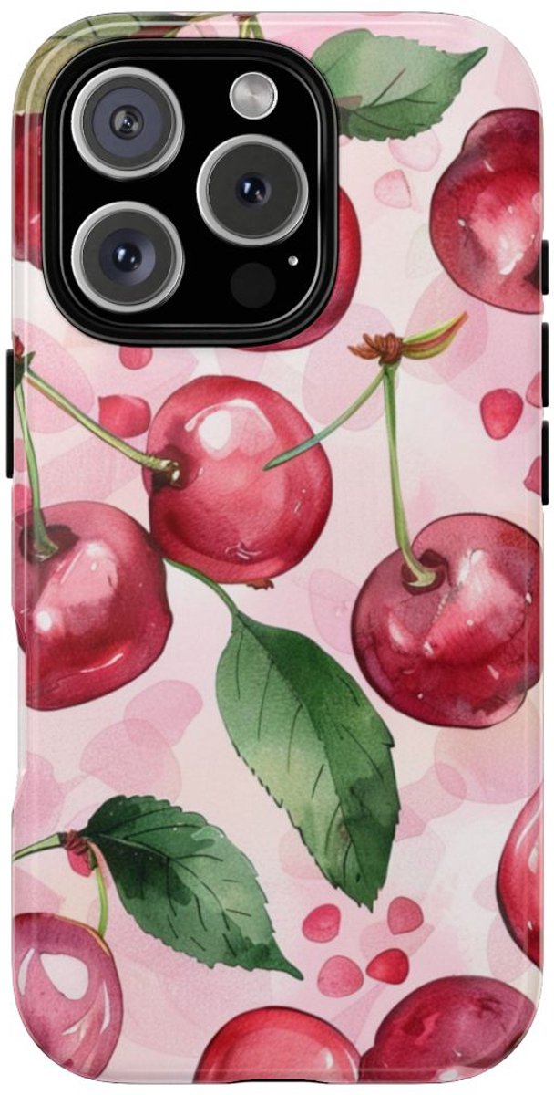 Aquarel Kersenpatroon – Glanzend Stevig Telefoonhoesje Geschikt voor iPhone 16 Pro
