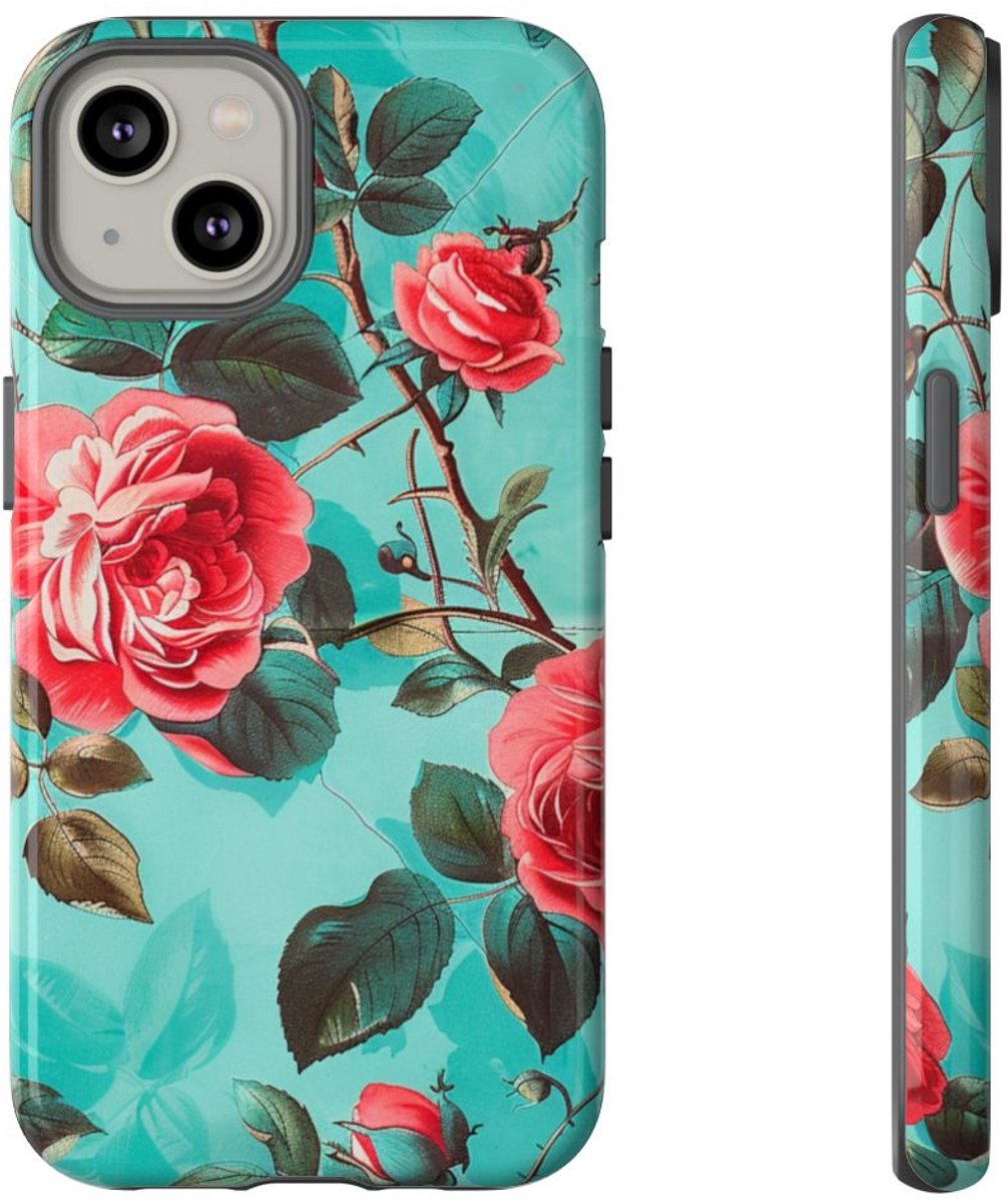 Rode Rozen op Turquoise Achtergrond – Telefoonhoesje Geschikt voor iPhone 14