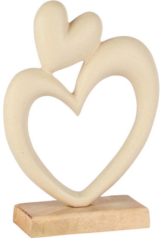 Décoratif | Duo de cœurs Deco sur pied, crème, aluminium/bois, 13x5x19cm | A258138