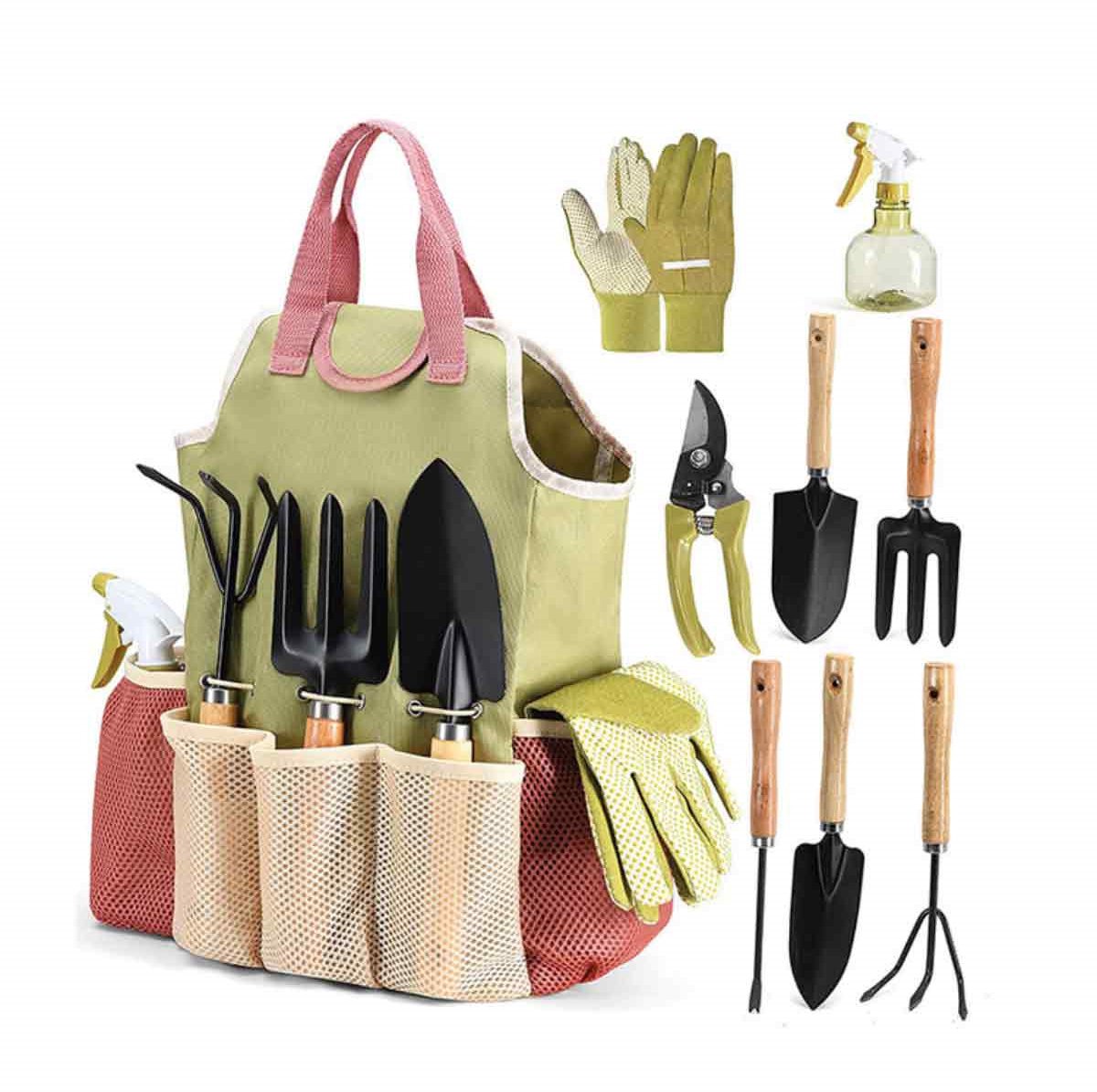 9-Delige Tuingereedschap Set voor Vrouwen – Inclusief Draagtas, Handschoenen, Snoeischaar & Spuitfles – Ergonomisch & Roestvrij