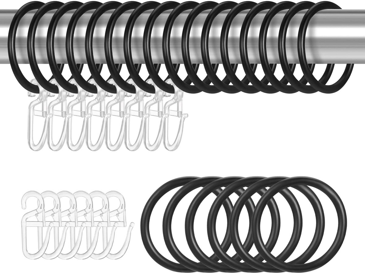 22 Metalen Gordijnringen & 22 Kunststof Haken - 30 mm - Voor Gordijnen & Douchegordijnen - Zwart