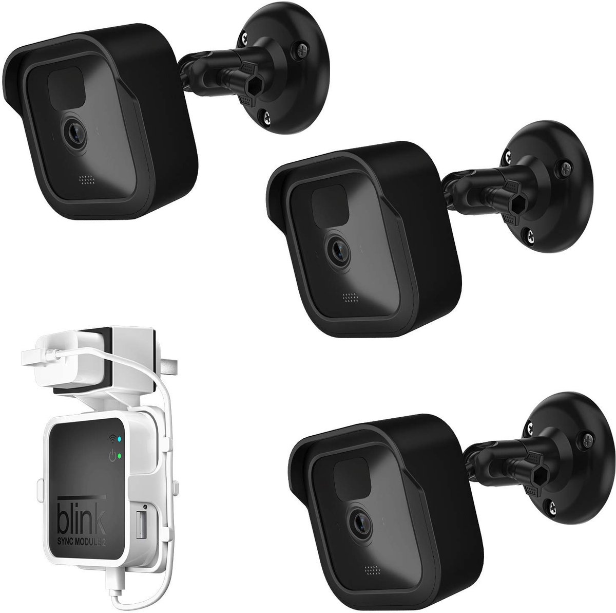 TIUIHU Blink Outdoor Camera Mount, 360° verstelbare houder en weerbestendige beschermhoes met Blink Sync-module 2-Plug muurbevestiging voor Blink buiten- en binnenbewaking (zwart, 3-pack)