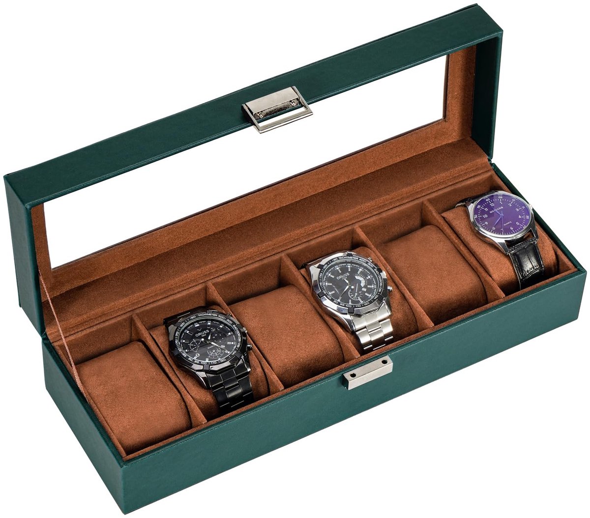 ProCase Horlogebox met 6 compartimenten, Horlogekast met glazen deksel, Horlogekast met horlogekussen, Horloge opbergruimte, Premium Horlogebox, PU leren horlogekast, Horlogebox voor heren - 6 compartimenten, Groen