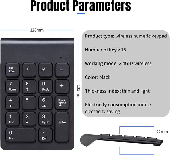 Numeric Keyboard, Wireless Numeric Keyboard and Mouse Combination with USB Receiver, 1200DPI Portable Wireless Mouse and Laptop Numeric Keyboard for PC Desktop Notebook — afbeelding 5