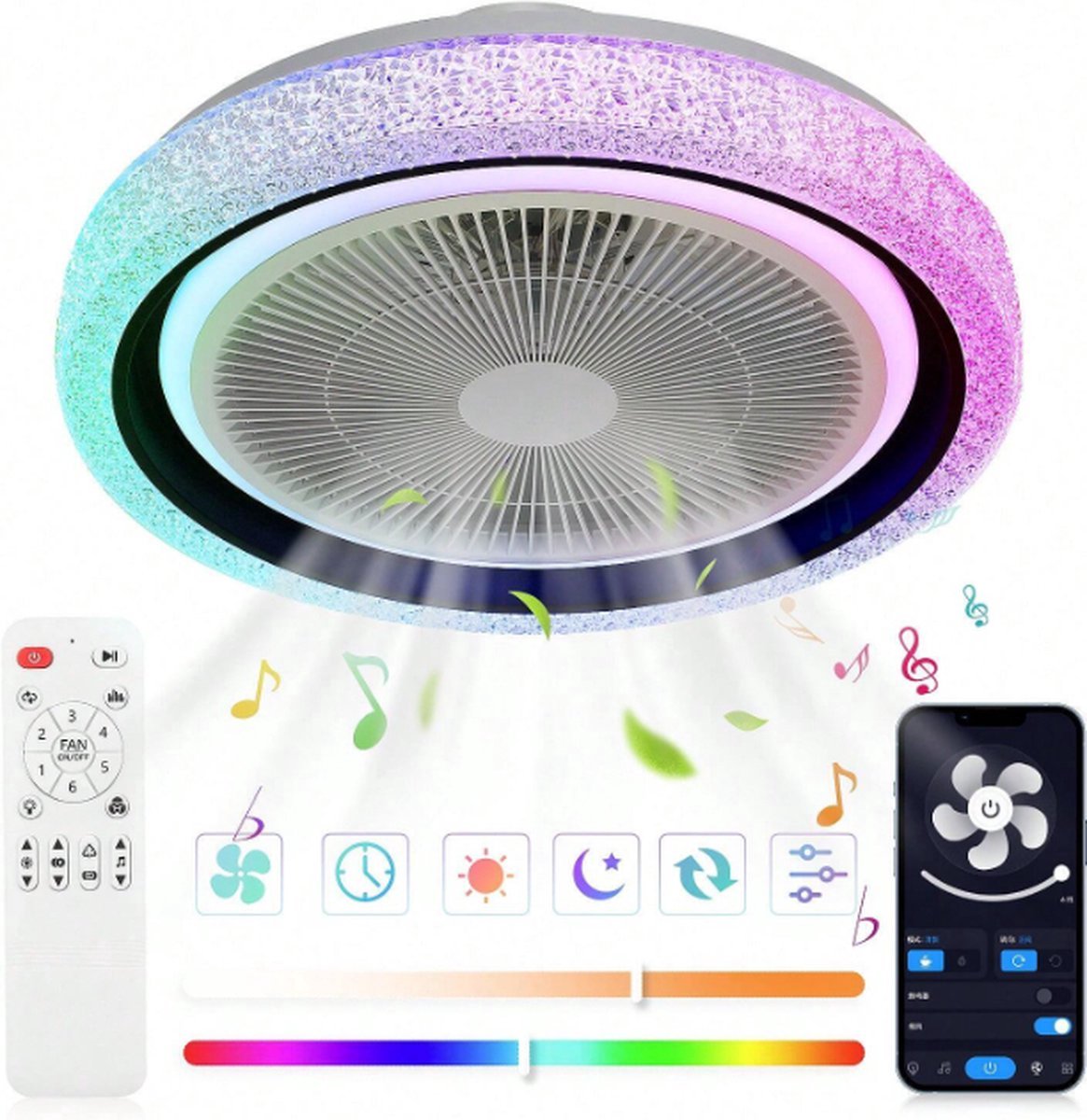 LuxiLamps - RGB Ventilator Lamp - Plafondventilator Met Speaker - Dimbaar - 6 Standen Ventilator - Wit - Keuken Lamp - Woonkamerlamp - Moderne lamp
