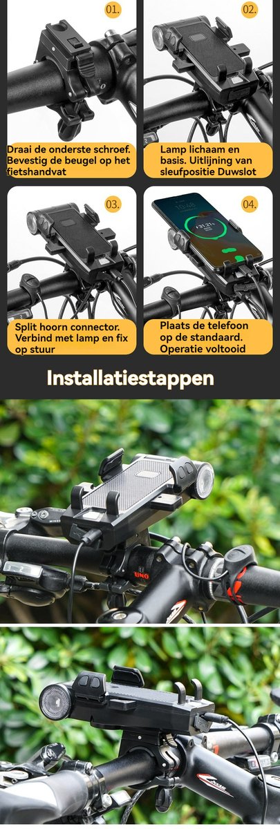 OnmiMart 5in1 Telefoonhouder Fiets + Fietslamp USB Oplaadbaar -3500 mAh grote batterij + dubbele T6 LED + 130 dB luidspreker + draadloos opladen + IPX6 waterdicht--MTB & Racefiets Verlichting — afbeelding 3