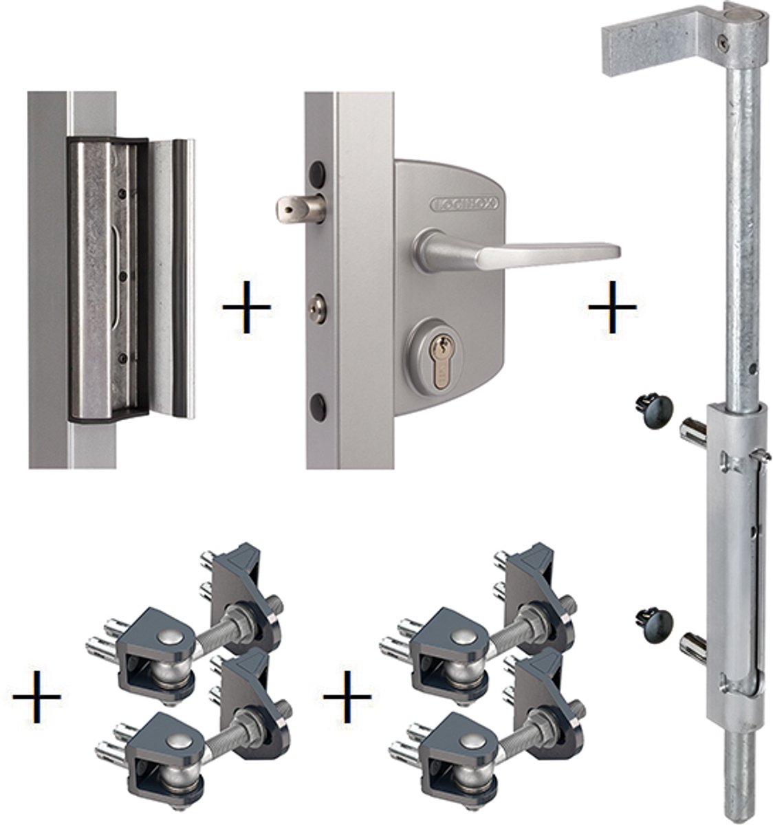 Alberts 415808 LOCINOX slotset, voor 40 mm profielen | Industrieel slot LAKQ U2 + externe grendel VSF + sluitplaat SAKL QF + 180° poortscharnier BOLTONHD-4D-ALUM