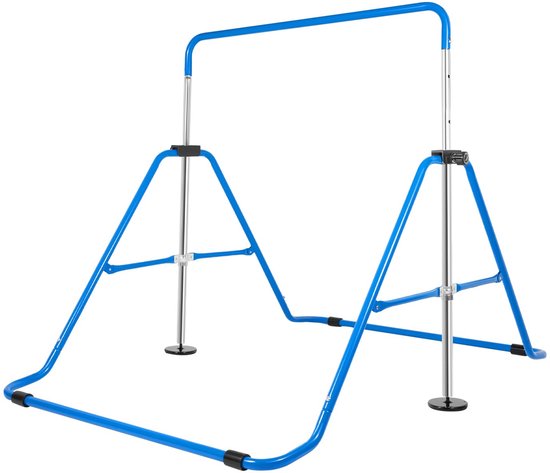 Foto: Dutchers verstelbare gymnastiekbar voor kinderen blauwe opvouwbare gymnastiekrek met gymringen turnrek in hoogte verstelbaar rekstok duikelrek inklapbaar klimboog thuis turnen krachttraining indoor gymtoestel