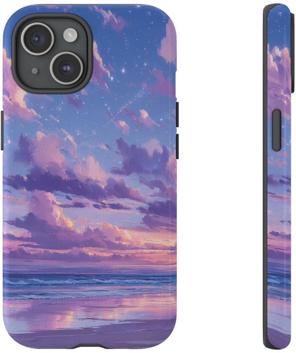 Sereen Paarse Zonsondergang Boven Oceaan – Telefoonhoesje Geschikt voor iPhone 15