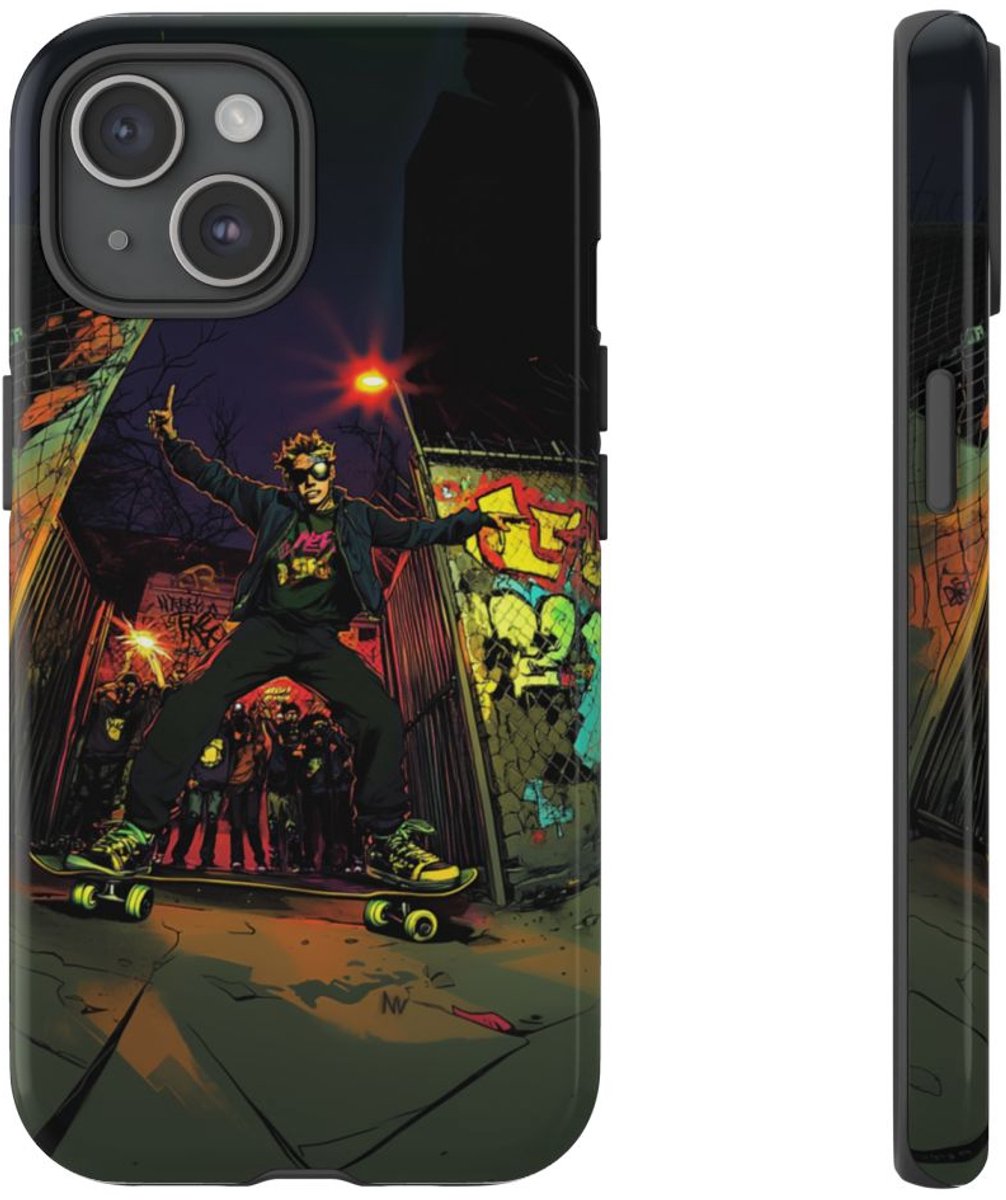 Skateboardtruc in de Nacht met Graffiti – Telefoonhoesje Geschikt voor iPhone 15