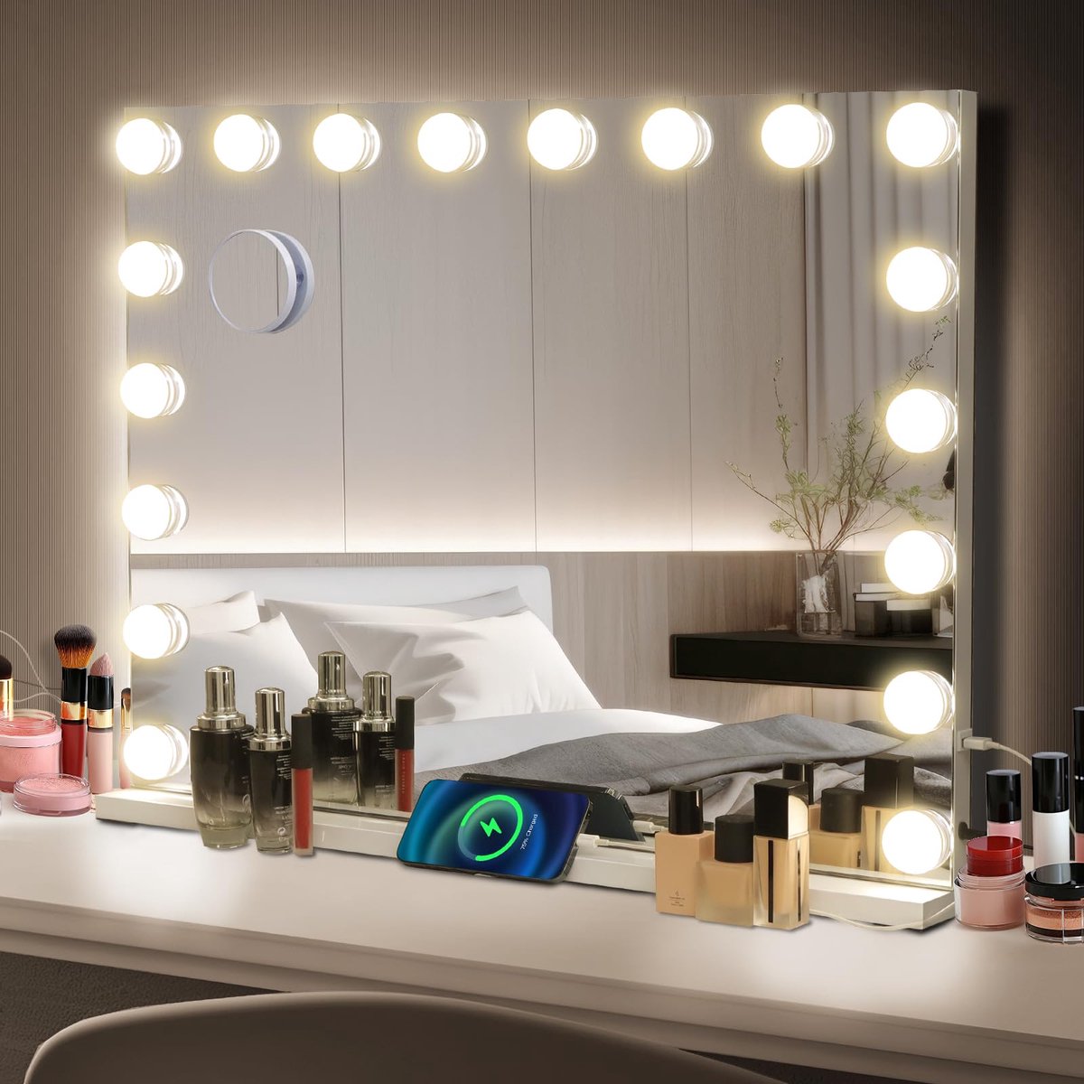Hollywood Make-up Spiegel - 18 LED & 3 Lichtkleuren - 10x Vergroting Tafelmodel - Wit 80x60 cm