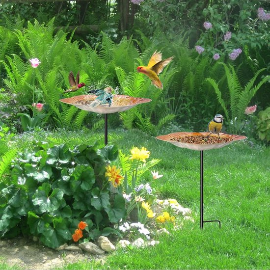 VEWOGARDEN Vogelbaden voor buiten, 30,48 cm vogelbadkom met 5 pennen basis paal metalen vogelbad en voederbak combo staand tuinvogelbad voor tuindecoratie