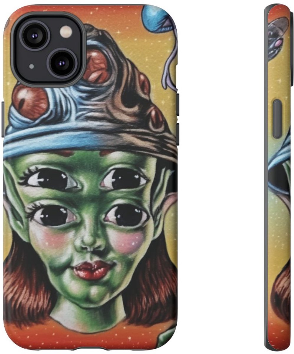 Vierogige Alien met Kosmische Elementen – Telefoonhoesje Geschikt voor iPhone 14 Plus