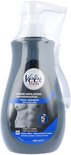 Donkergrijze fles met pompdispenser. Voorkant met Veet Men logo, "crème dépilatoire ontharingscrème", "Peaux Sensibles Gevoelige Huid" en afbeelding van bovenlichaam man. 400ml.